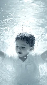 Child splashing joyfully in water with explosive dynamics.