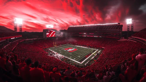 Scarlet-lit football stadium pulses under dramatic sky.