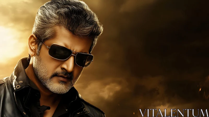 Brooding man in sunglasses under dramatic storm sky.