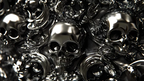 Shiny Metallic Skulls in Dark Ornate Pattern, Digital Art Style.