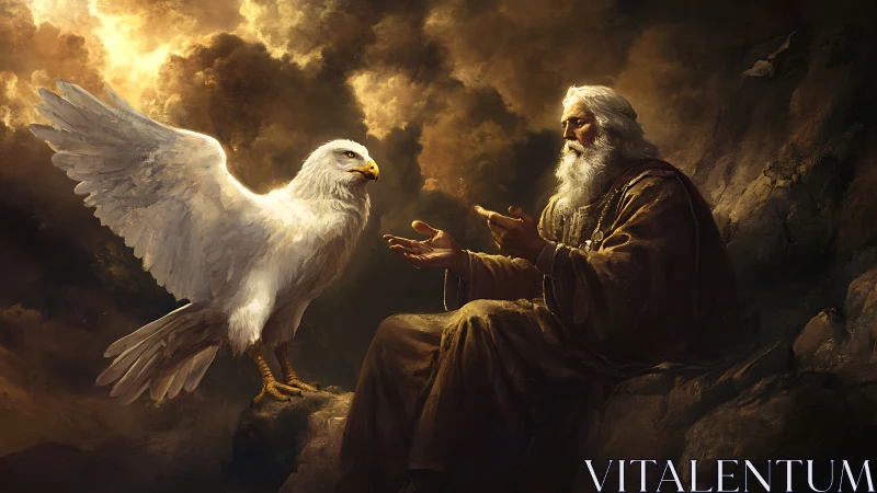 Wise elder and radiant eagle sharing quiet mountain counsel.