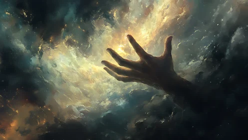 Celestial hand emerging through stormlit nebula clouds.
