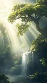Sunbeams braid through emerald canopy as the falls whisper