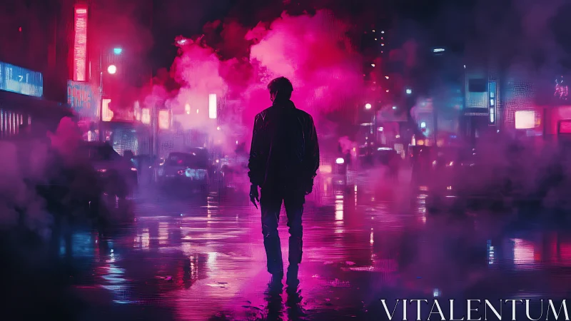 Solitary figure stands in neon fog on wet urban street