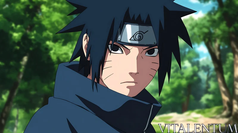 Serious dark haired ninja in blue cloak in forest setting.