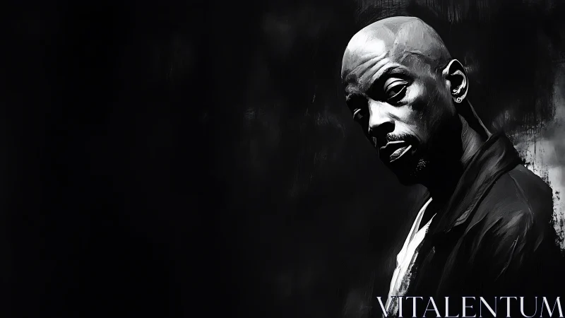 Monochrome side-lit portrait in dramatic chiaroscuro style.