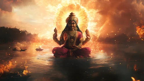 Radiant river goddess in blazing celestial eruption scene.