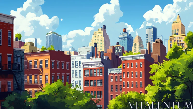 Sunlit city skyline rises above colorful brick blocks.