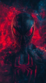 Dark spider hero portrait in red smoke and blue shadow.