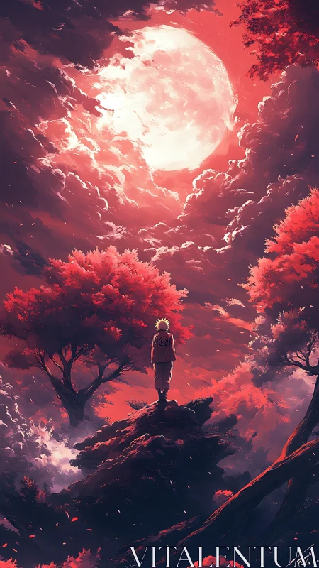 Digital painting of lone figure under crimson lunar sky.