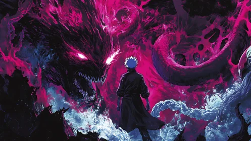 Sorcerer confronting neon void-beast in chaotic spectral surge.