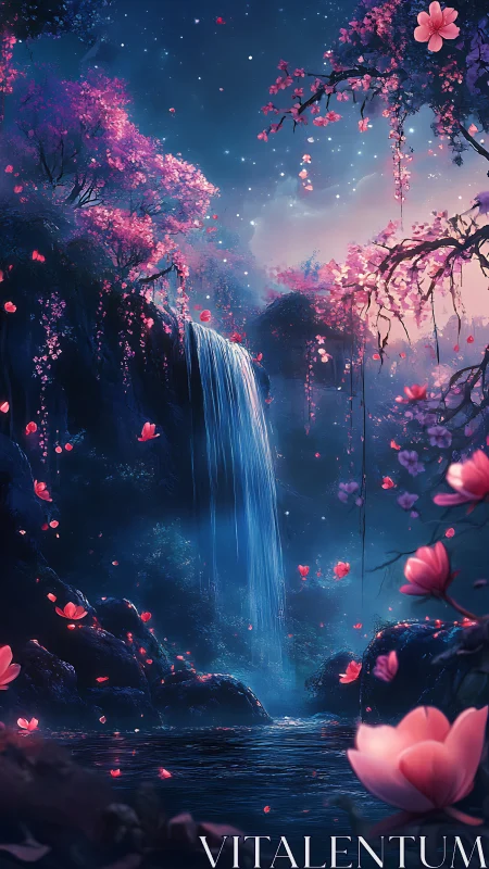 Enchanted night waterfall in glowing pink blossom forest.