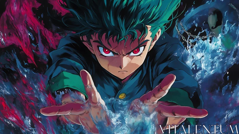 Intense anime hero unleashes twin elemental energy blast.