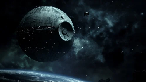 Spherical orbital battle station with surface lights in deep space