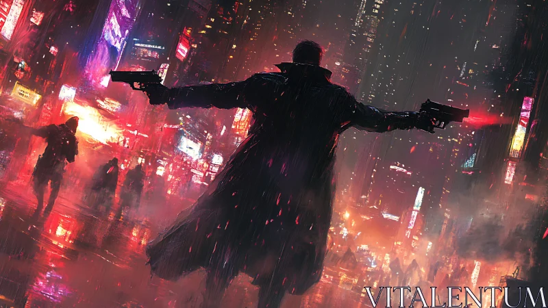Lone gunfighter in neon-soaked rainy cyberpunk megacity streets.