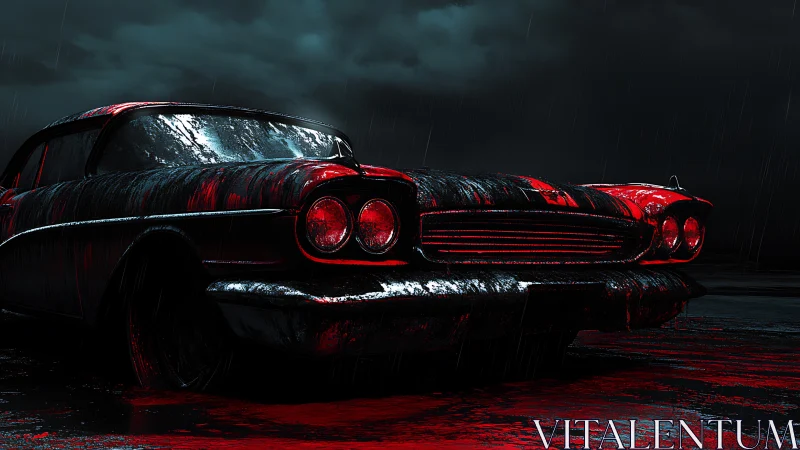 Vintage coupe in rain with red reflective surface accents.