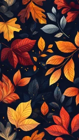 Colorful autumn leaves pattern on dark navy background.