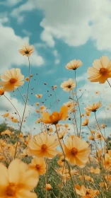 Golden cosmos flowers dancing across a dreamy blue sky.