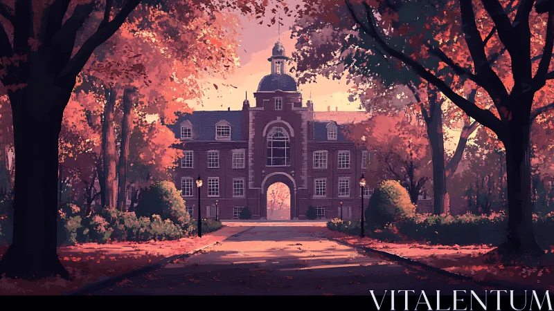 Autumn campus avenue framing brick academic gatehouse at dusk