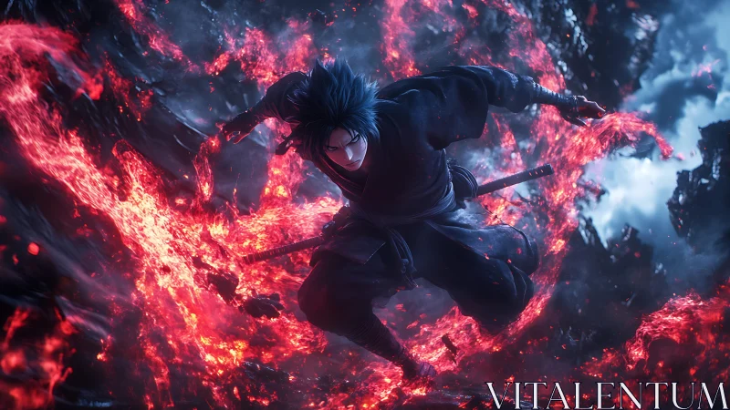 Dark anime swordsman leaps through swirling crimson fire.