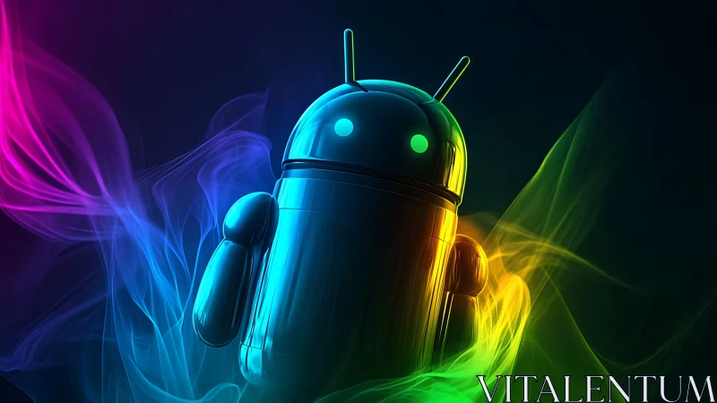 Neon android mascot rendered in luminous 3D glowscape.