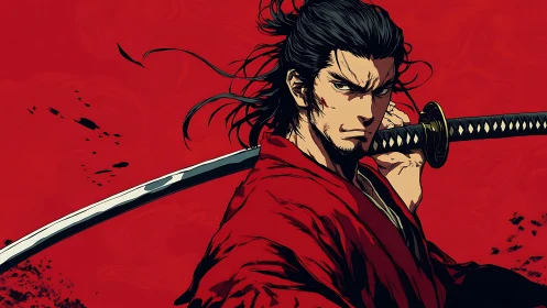 Fierce samurai in red robe stands ready with shining katana