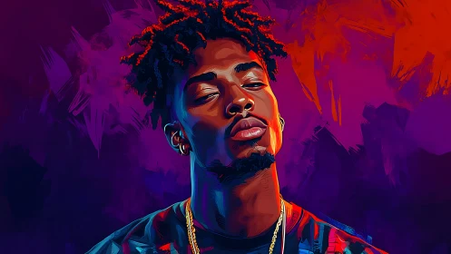 Digital portrait depicts man against saturated abstract background