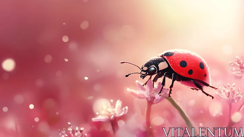 Ladybug on pink flowers in soft glowing light background.