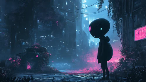 Neon-eyed robot studies bioluminescent ruins at night.