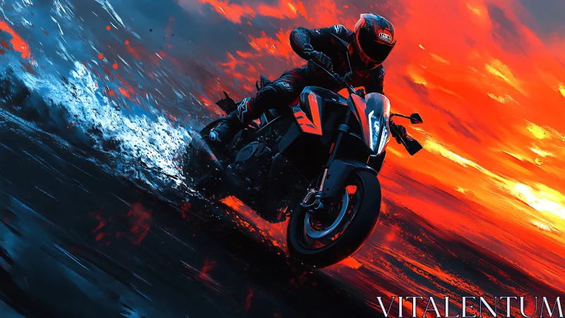 Motorcycle leans through wet reflective surface under split-color sky