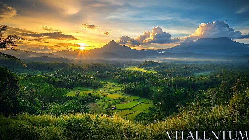 Golden sunrise bathes lush rice terraces and misty volcanoes.