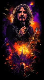 Rock vocalist portrait dominates fiery surreal concert scene