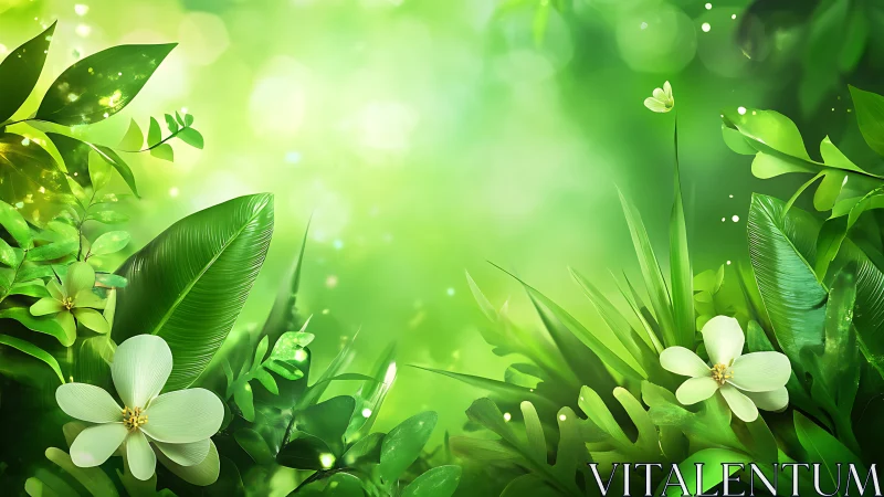 Emerald hush garden with shy white blossoms glowing softly.