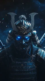 Cybernetic samurai portrait with emissive blue ocular cores