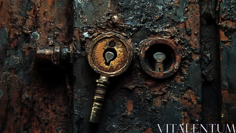 Weathered key and rusted lock sharing quiet forgotten stories.