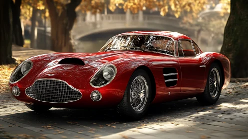 Classic red sports coupe parked under autumn trees.