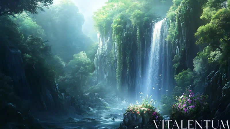 Hidden waterfall glen wrapped in mist, light, and soft blooms.