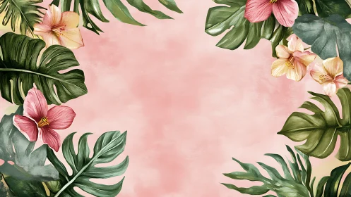 Tropical Blooms Dance: Monstera & Flowers on Soft Pink.