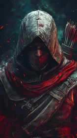 Scarlet-hooded shadow archer in emberswept twilight vigil.