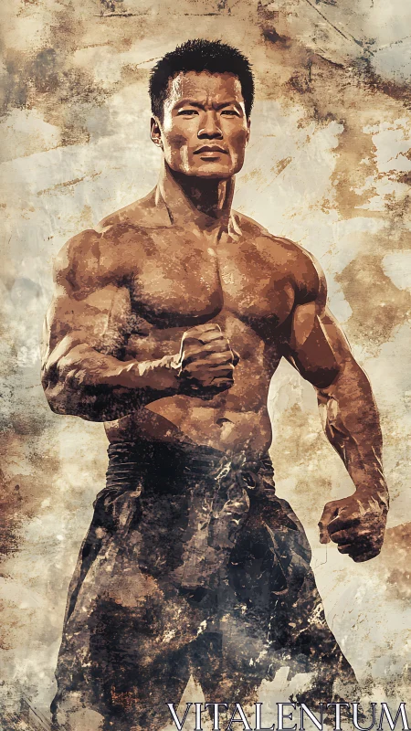 Male martial artist portrait in textured digital painting.