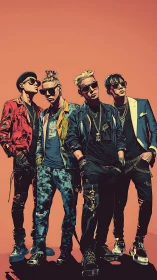 Neon swagger crew under a molten sunset sky pose boldly.