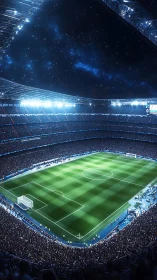 Floodlit football stadium under starry night sky panorama.