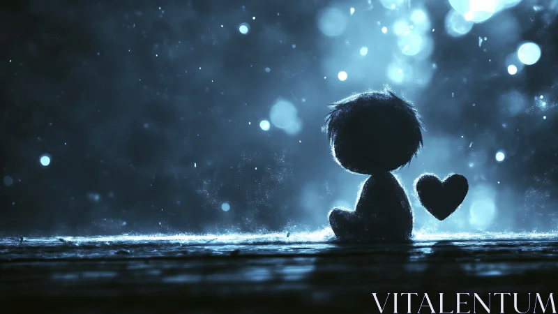 Silhouetted figure with heart shape in blue bokeh scene.