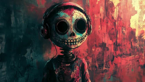 Grungy skeletal listener with headphones in high-contrast neon palette