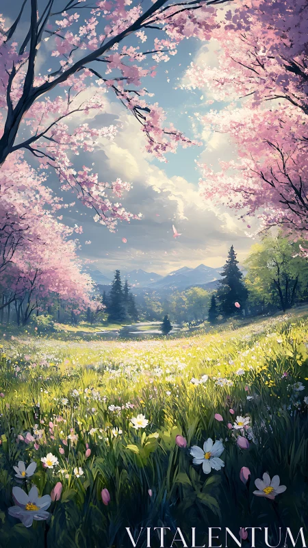 Flowered meadow extends beneath blooming cherry trees in spring