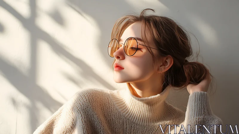 Warm side-light portrait in cozy knitwear and round glasses.
