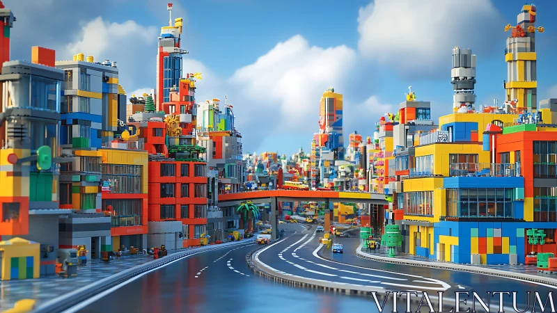 Colorful LEGO metropolis curves around elevated highway