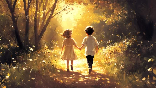 Children Running Through Golden Forest Pathway at Sunset.