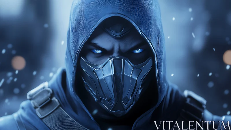 Ice-eyed masked assassin under falling snowlit embers.