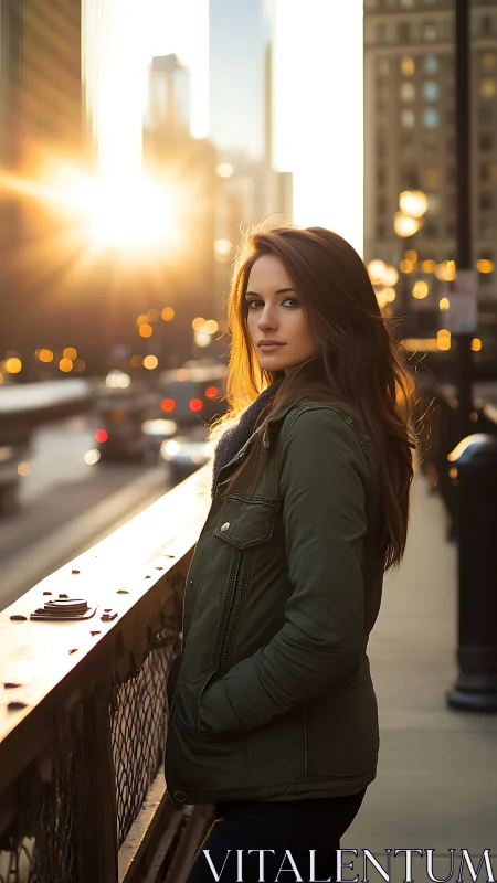 Woman stands on urban bridge in backlit evening traffic